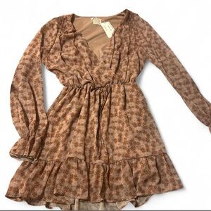 Peach Love California Floral Ruffle V-Neck Mini Dress - Brown Peach